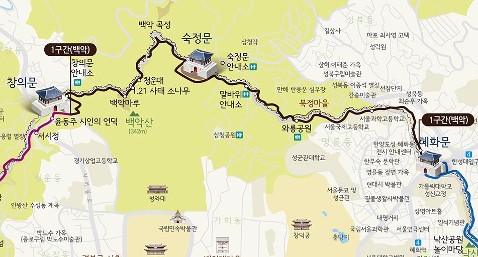창의문~혜화문 코스 지도. 자세한 내용은 상단 도보 코스 참조