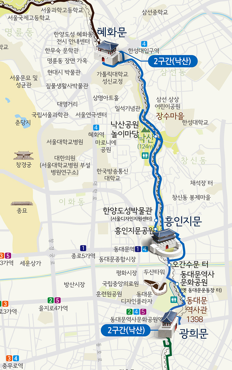 혜화문~광희문 코스 지도. 자세한 내용은 상단 도보 코스 참조