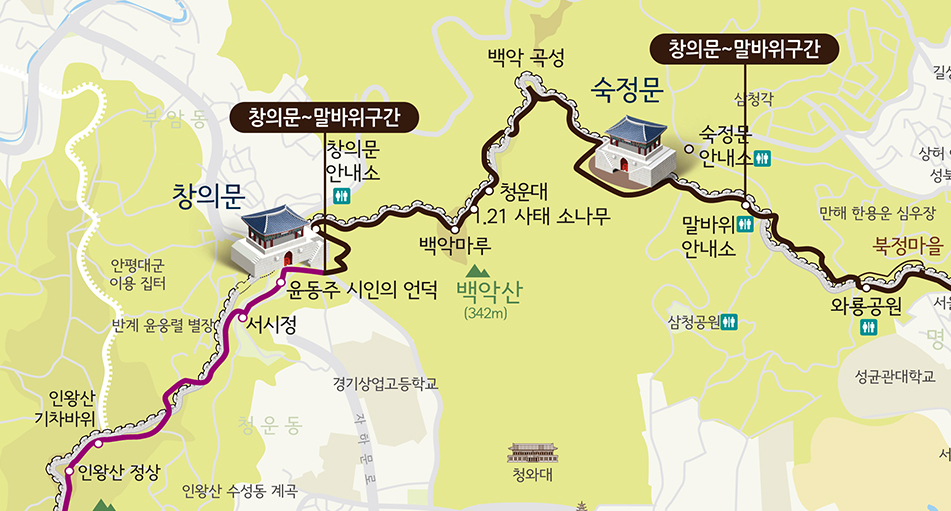 창의문~말바위 코스 지도. 자세한 내용은 상단 도보 코스 참조