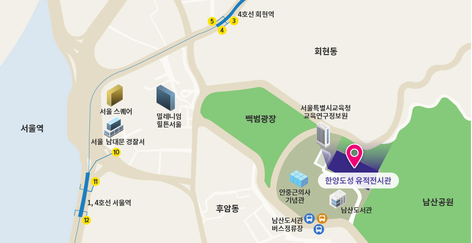 한양도성 유적전시관 약도. 자세한 내용 본문 참조